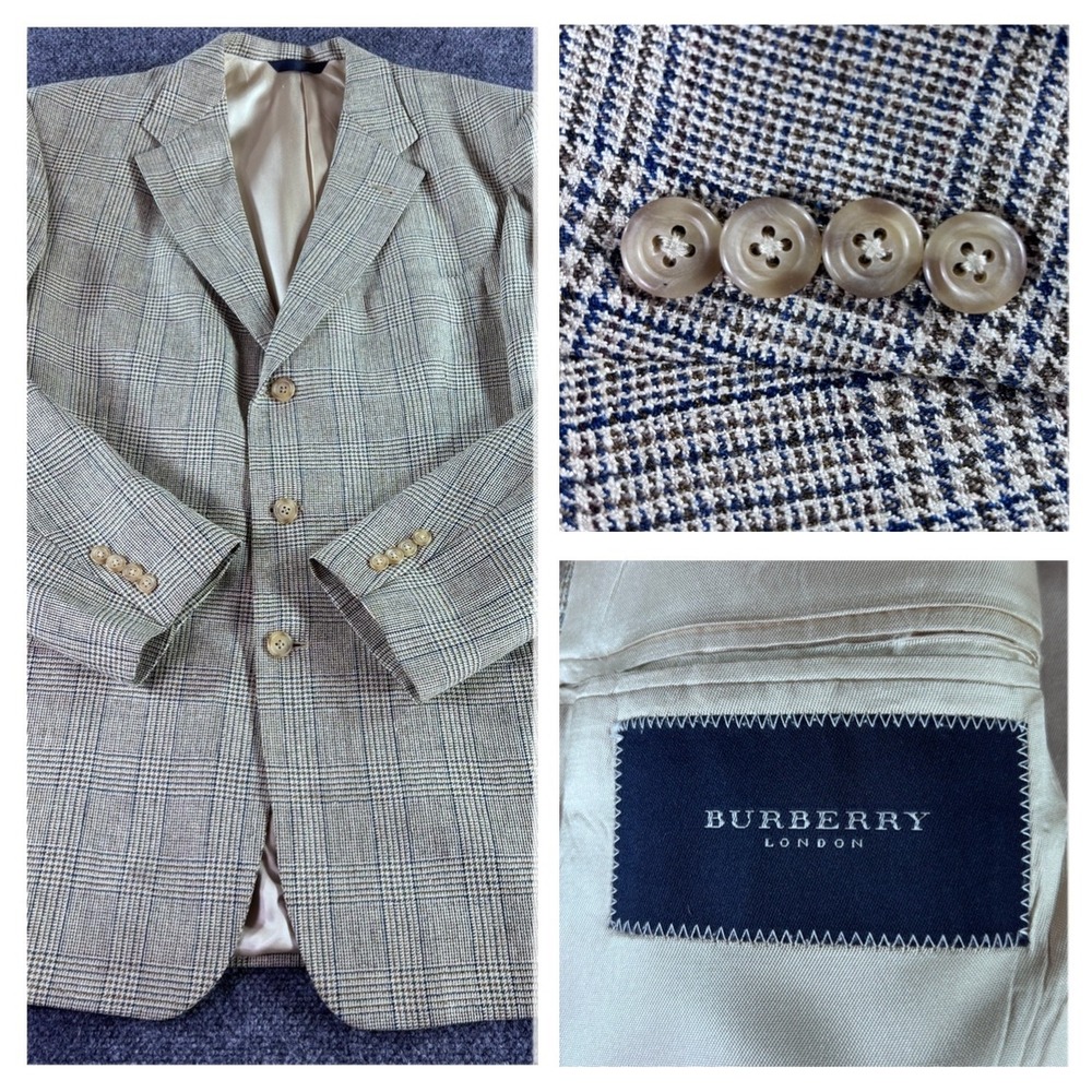 Burberry London Blazer Mens 43L Tan Blue Plaid Wool Blend Sport Coat Jacket